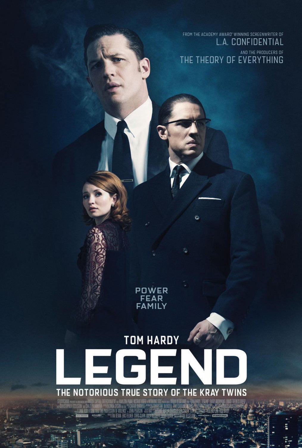Legend movie poster with Tom Hardy as both Kray Twins and Emily Browning on the poster